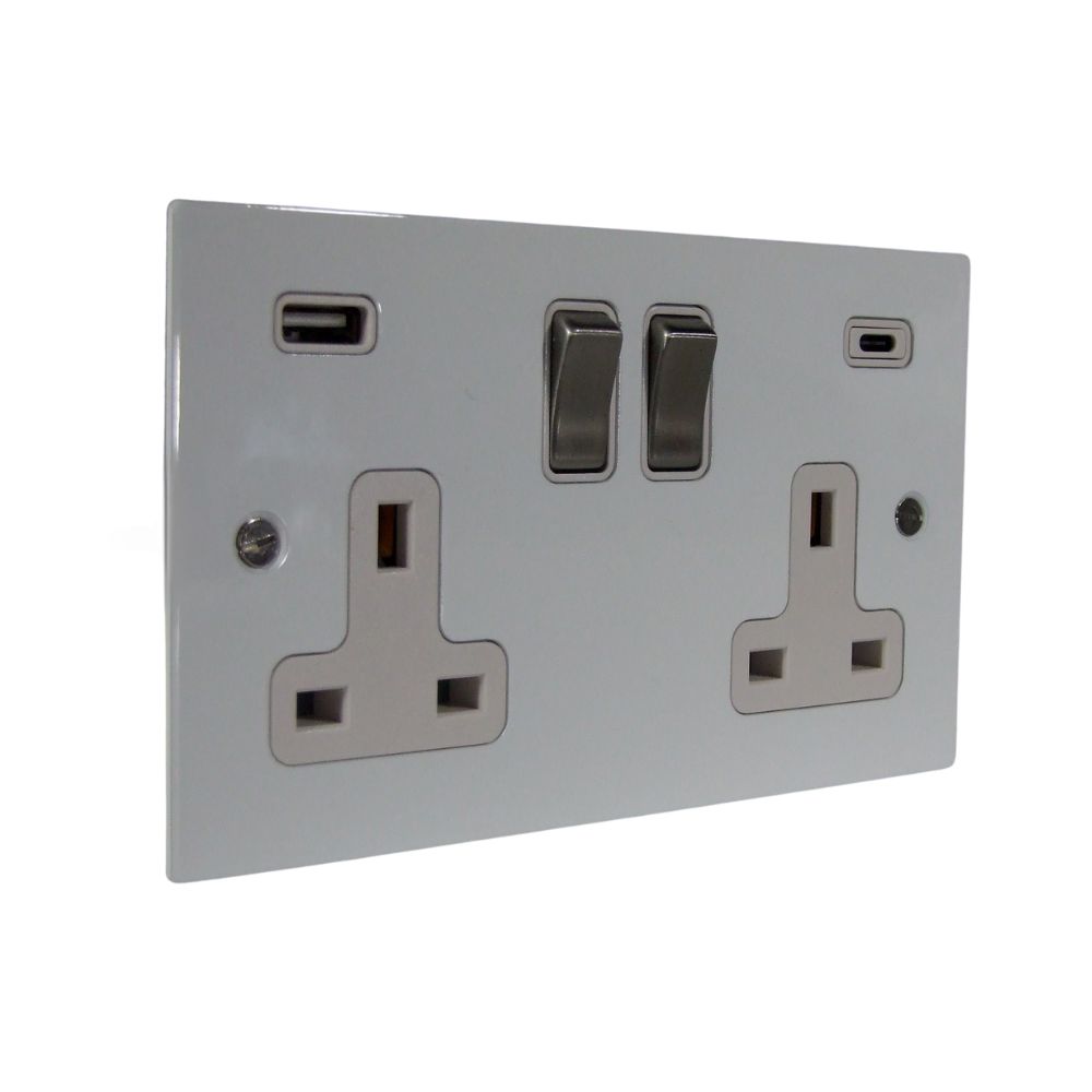 Gloss white Metal Flat Plate Double Switched USB A+C Socket Satin Stainless and White
