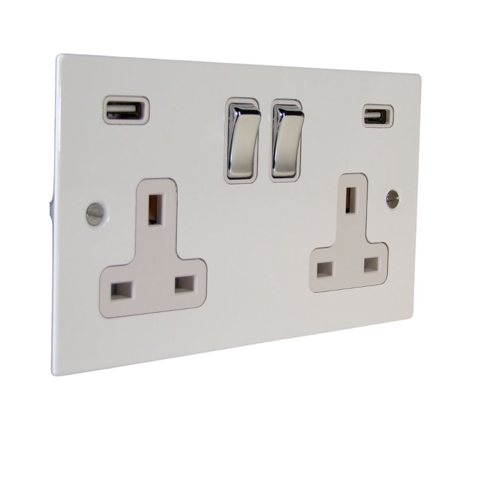 Gloss white Metal Flat Plate Double Switched USB Socket Polished Chrome and White