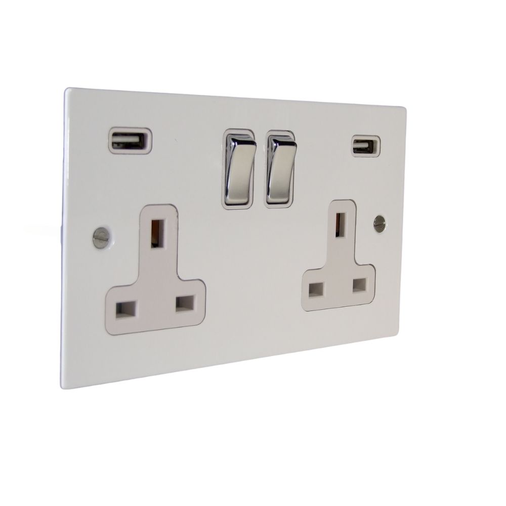 Gloss white Metal Flat Plate Double Switched USB Socket Satin Stainless and White