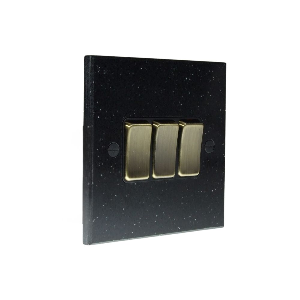 Black Pearl Acrylic Resin Triple Light Switch Antique Brass and Black