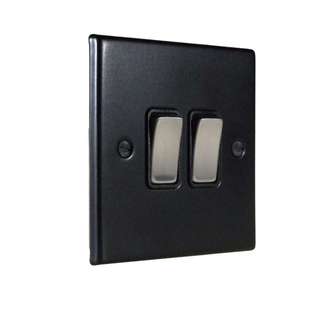 Matt Black Raised Metal Plate Double Light Switch Satin Stainless and Black