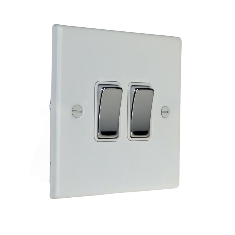 Matt White Raised Metal Plate Double Light Switch Polished Chrome and White
