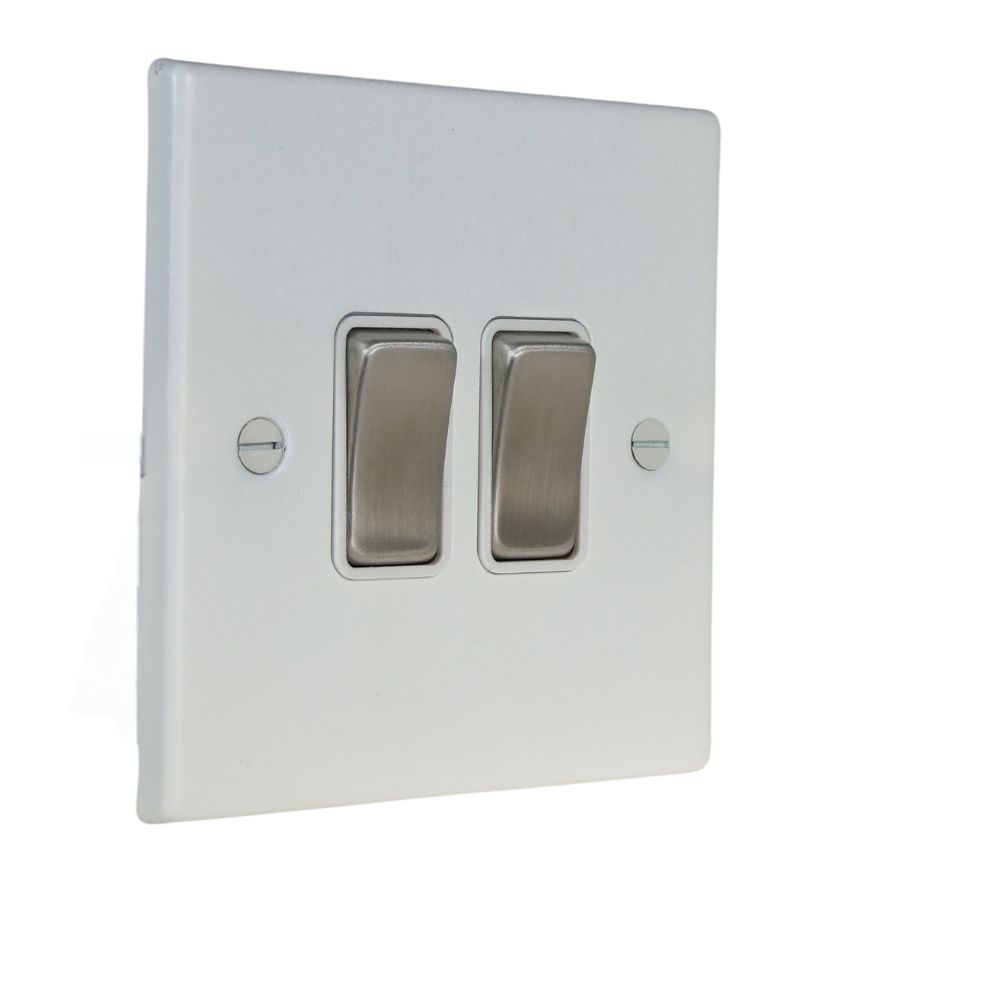 Matt White Raised Metal Plate Double Light Switch Satin Stainless and White