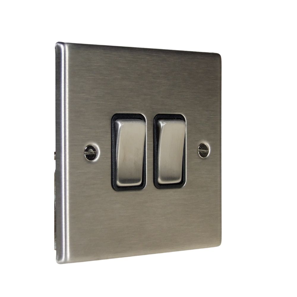 Satin Stainless Raised Metal Plate Double Light Switch Satin Stainless and Black Satin Stainless Raised Metal Plate Double Light Switch Satin Stainless and Black
