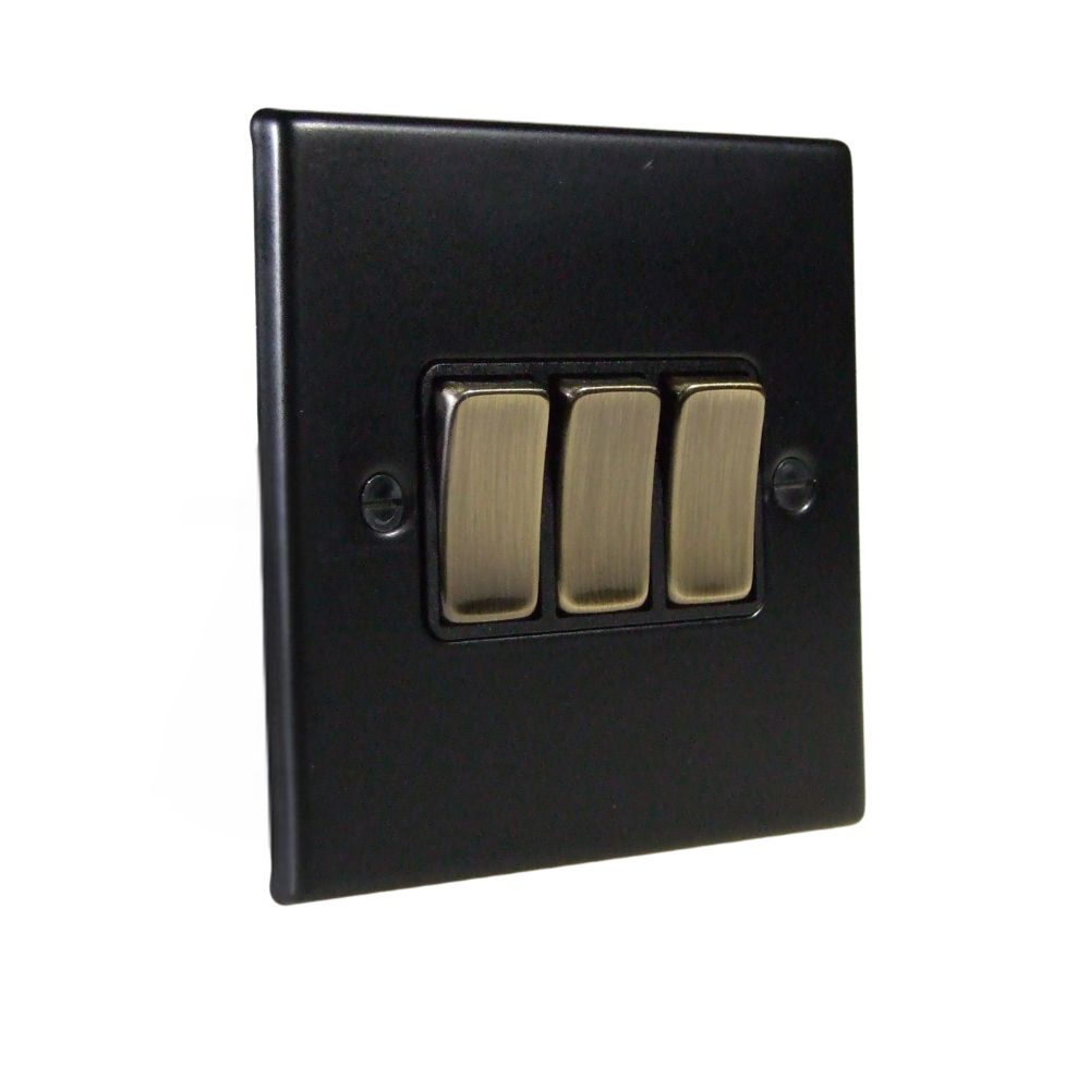 Matt Black Raised Metal Plate Triple Light Switch Antique Brass and Black