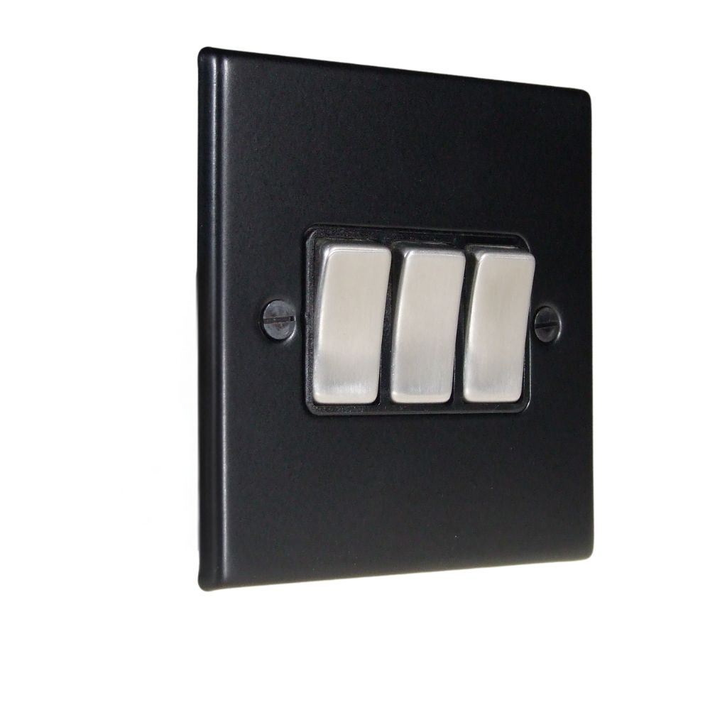 Matt Black Raised Metal Plate Triple Light Switch Satin Stainless and Black