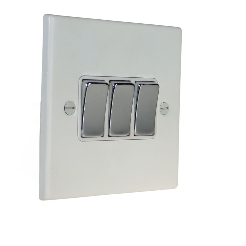 Matt White Raised Metal Plate Triple light Switch Polished Chrome and White