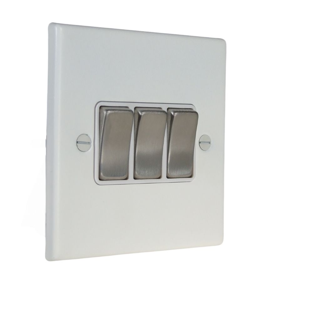Matt White Raised Metal Plate Triple light Switch Satin Stainless and White