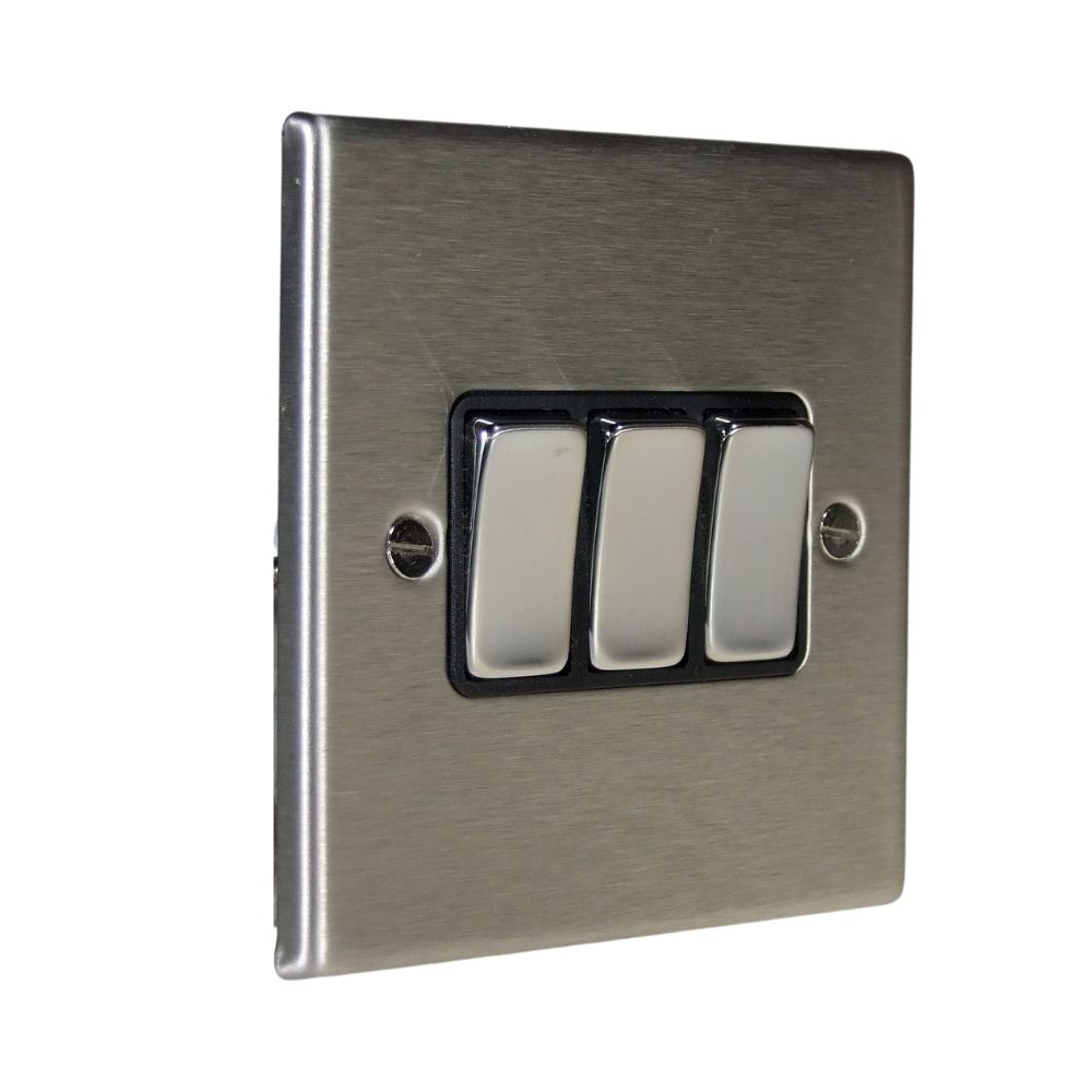 Satin Stainless Raised Metal Plate Triple Light Switch Satin Stainless and Black Satin Stainless Raised Metal Plate Triple Light Switch Satin Stainless and Black