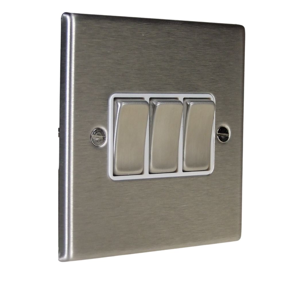 Satin Stainless Raised Metal Plate Triple Light Switch Satin Stainless and White Satin Stainless Raised Metal Plate Triple Light Switch Satin Stainless and White