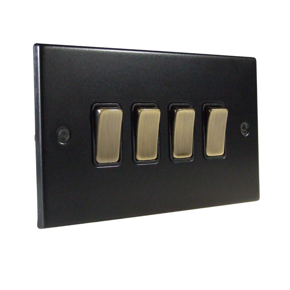 Matt Black Raised Metal Plate 4 Switch Light Switch Antique Brass and Black