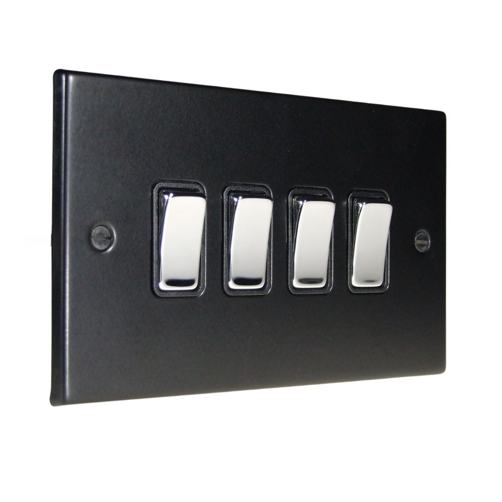 Matt Black Raised Metal Plate 4 Switch Light Switch Polished Chrome and Black