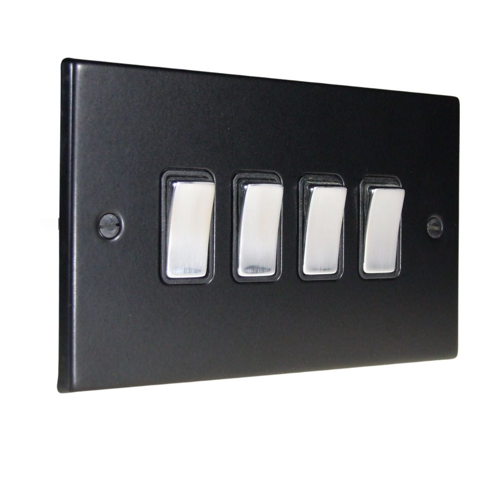 Matt Black Raised Metal Plate 4 Switch Light Switch Satin Stainless and Black