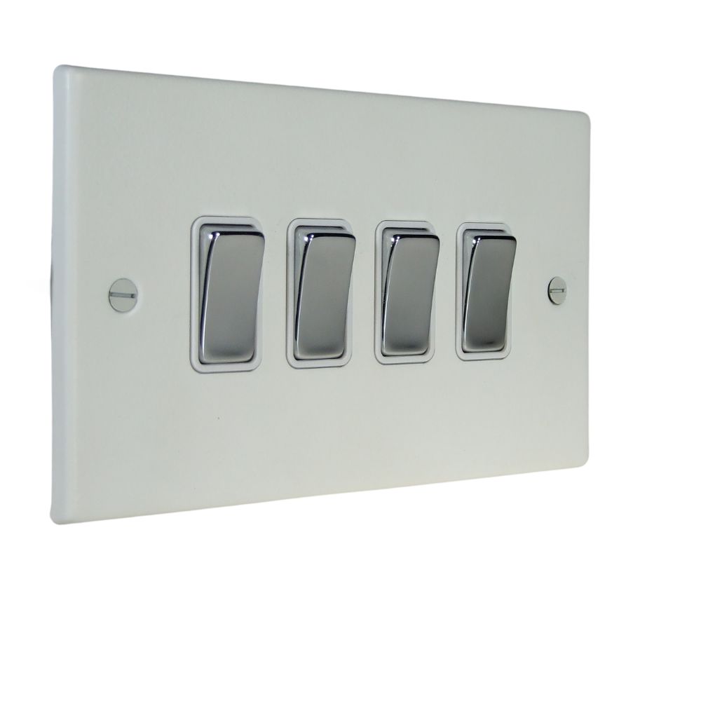 Matt White Raised Metal Plate 4 Switch Light Switch Polished Chrome and White