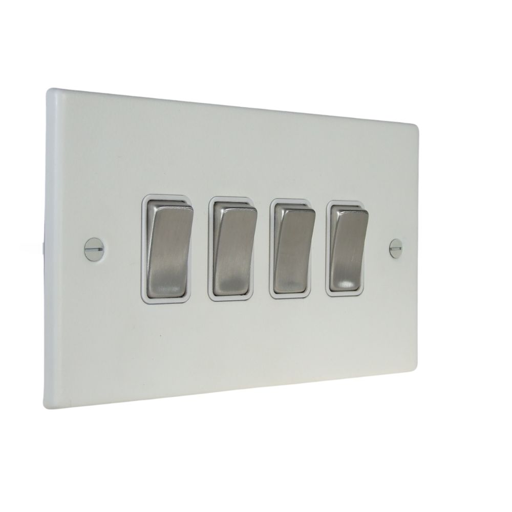 Matt White Raised Metal Plate 4 Switch Light Switch Satin Stainless and White