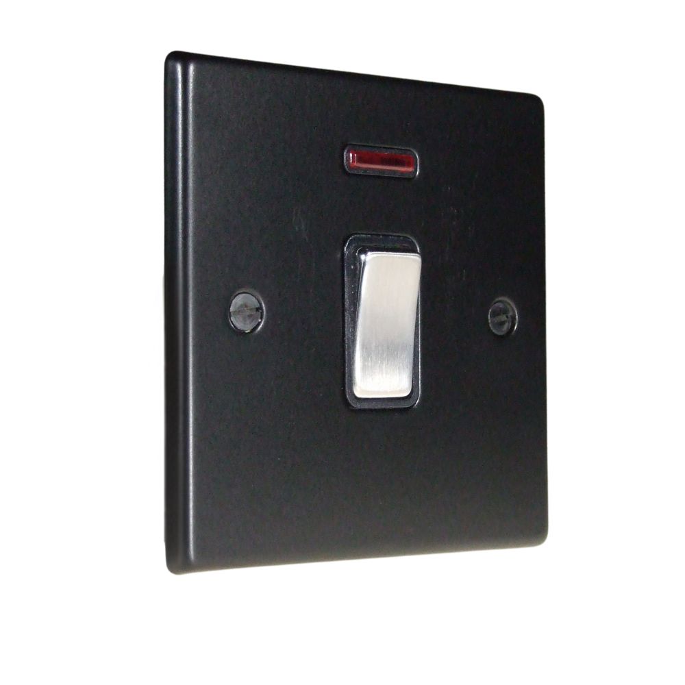 Matt Black Raised Metal Plate Double Pole Light Switch with Neon Satin Stainless Black