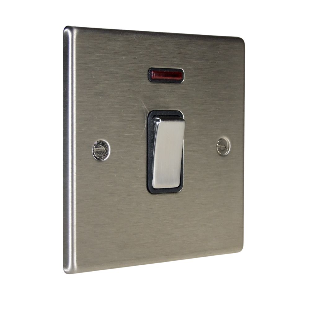 Satin Stainless Raised Metal Plate Double Pole Light Switch with Neon Satin Stainless and Black