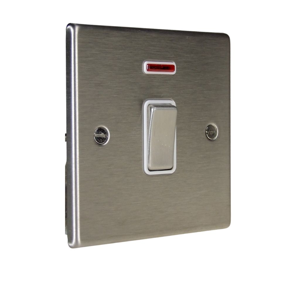 Satin Stainless Raised Metal Plate Double Pole Light Switch with Neon Satin Stainless and White