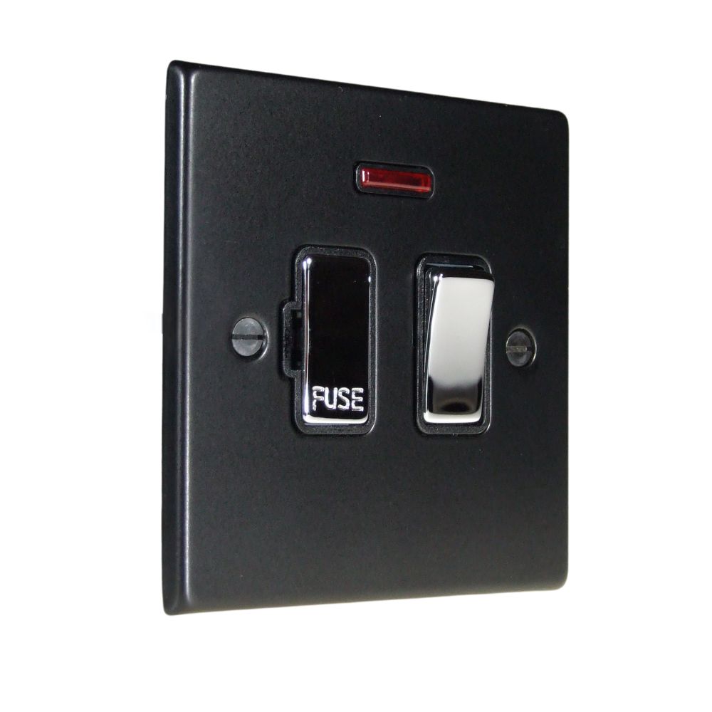 Matt Black Raised Metal Plate Single Switch Fuse Spur with Neon Satin Stainless and Black