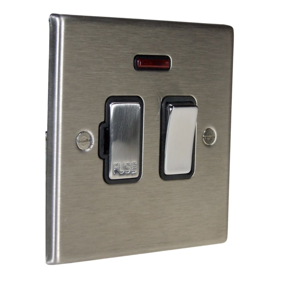 Satin Stainless Raised Metal Plate Single Switch Fuse Spur with Neon Satin Stainless and Black