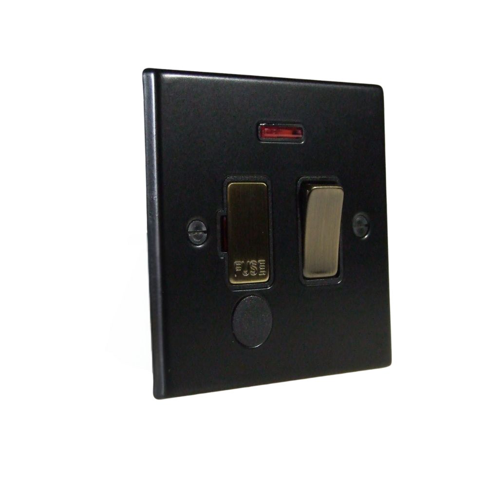 Matt Black Raised Metal Plate Single Switch Fuse Spur with Neon and Cord Outlet Antique Brass and Black