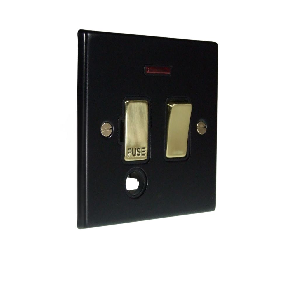 Matt Black Raised Metal Plate Single Switch Fuse Spur with Neon and Cord Outlet Polished Brass and Black