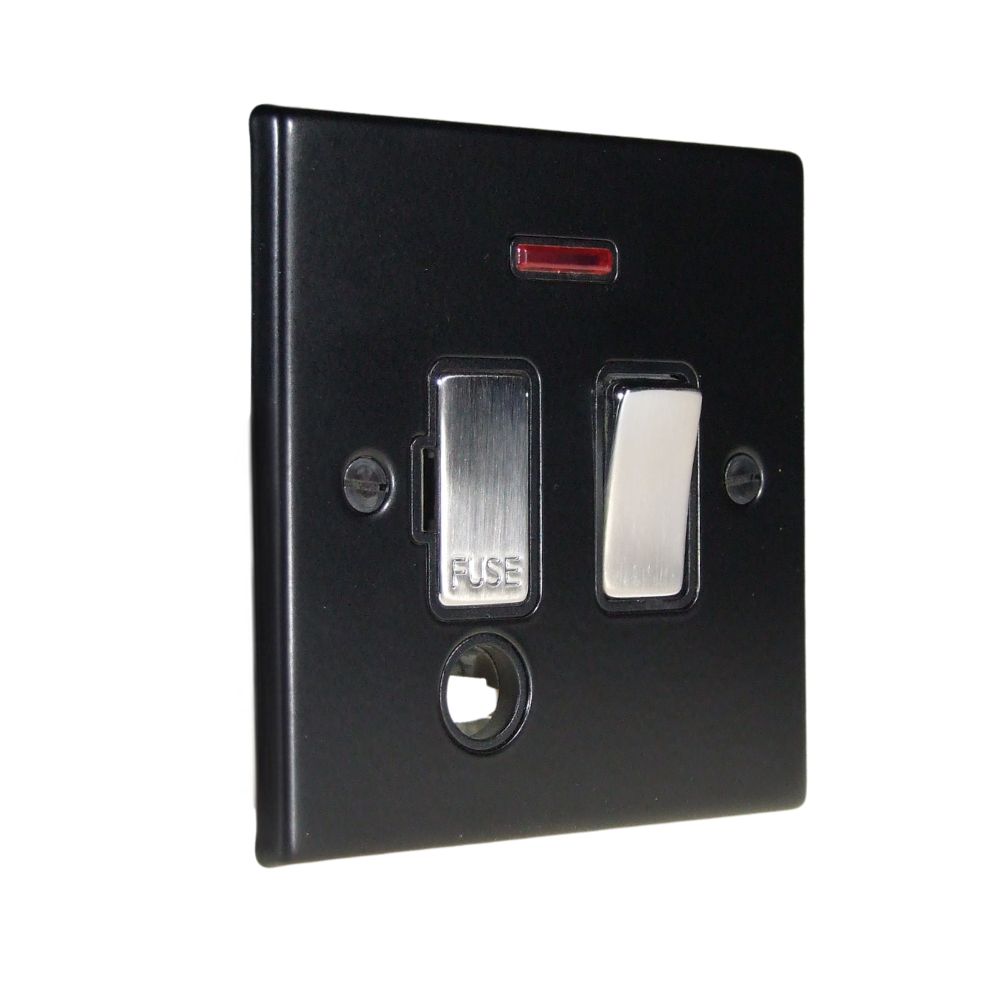 Matt Black Raised Metal Plate Single Switch Fuse Spur with Neon and Cord Outlet Satin Stainless and Black
