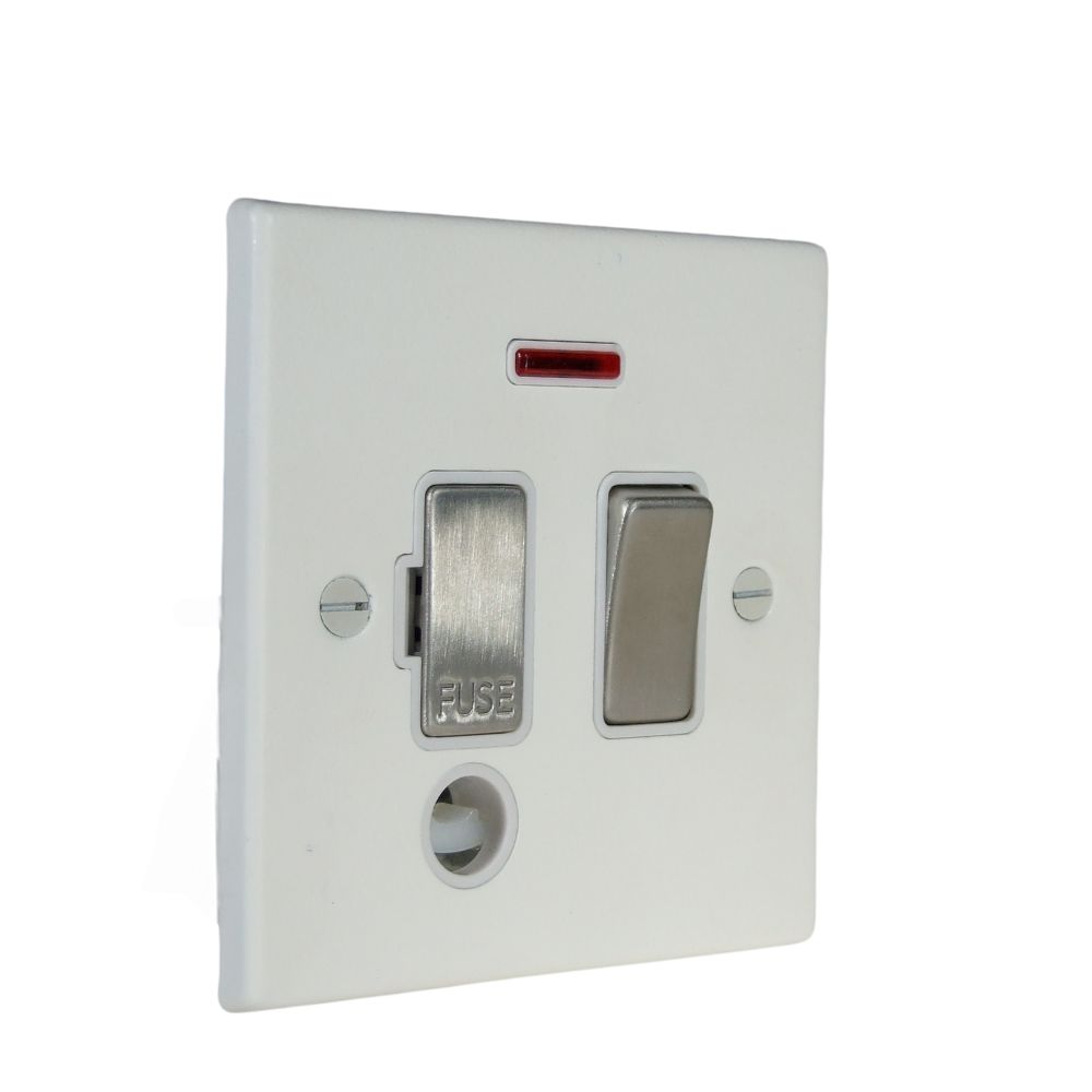 Matt White Raised Metal Plate Single Switch Fuse Spur with Neon and Cord Outlet Satin Stainless and White