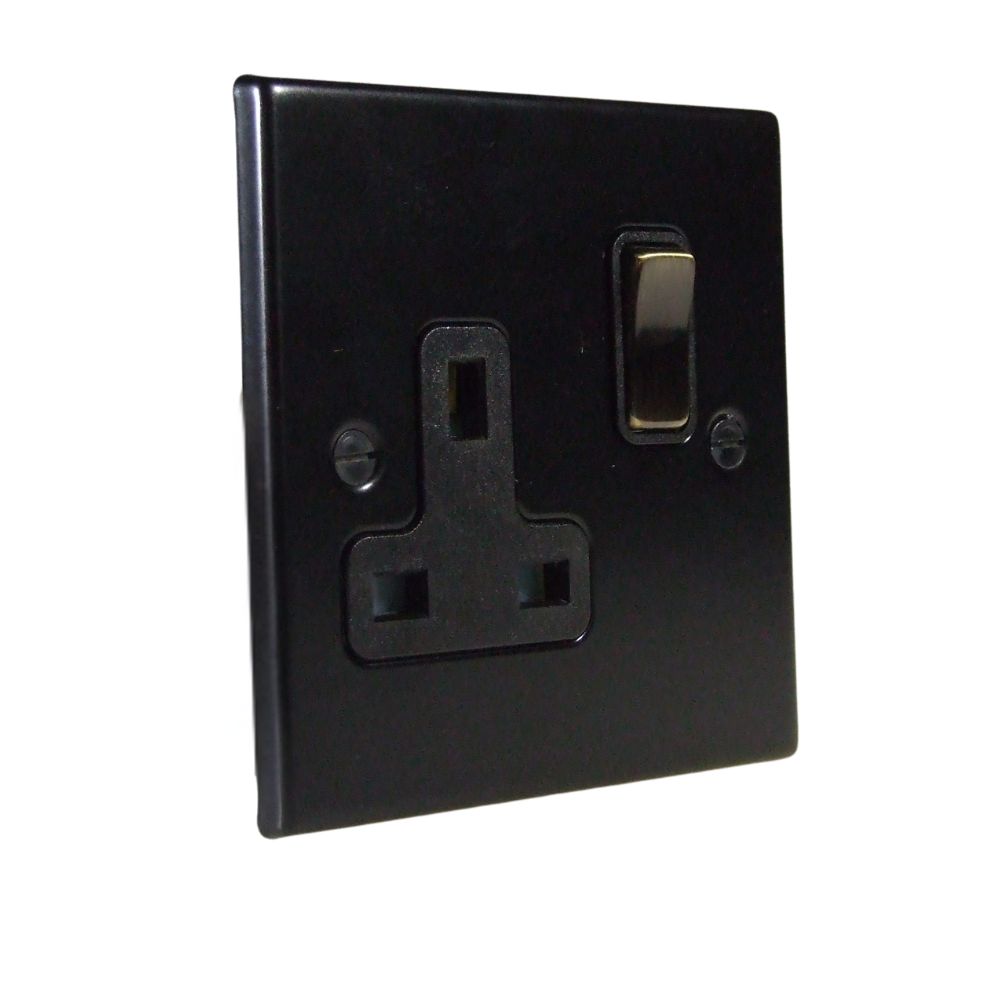 Matt Black Raised Metal Plate Single Switched Socket Antique Brass and Black