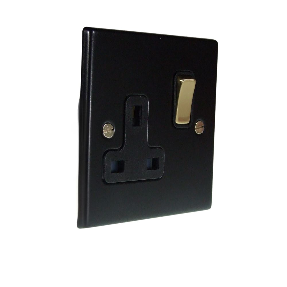 Matt Black Raised Metal Plate Single Switched Socket Polished Brass and Black
