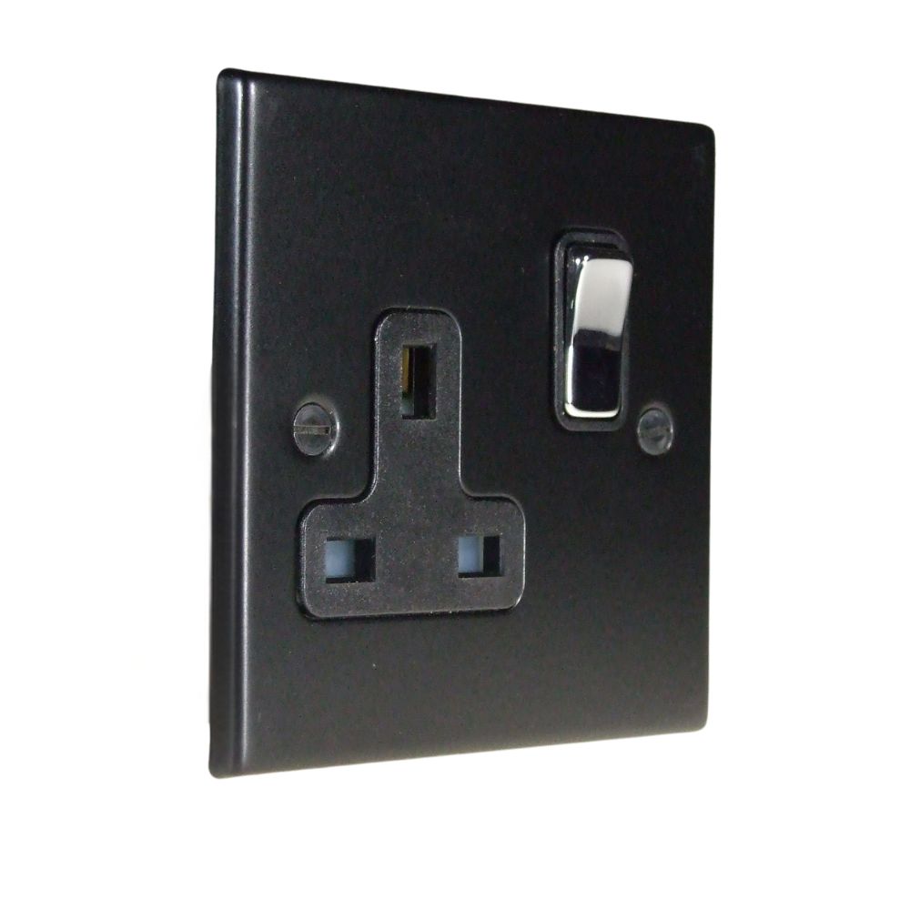 Matt Black Raised Metal Plate Single Switched Socket Polished Chrome and Black
