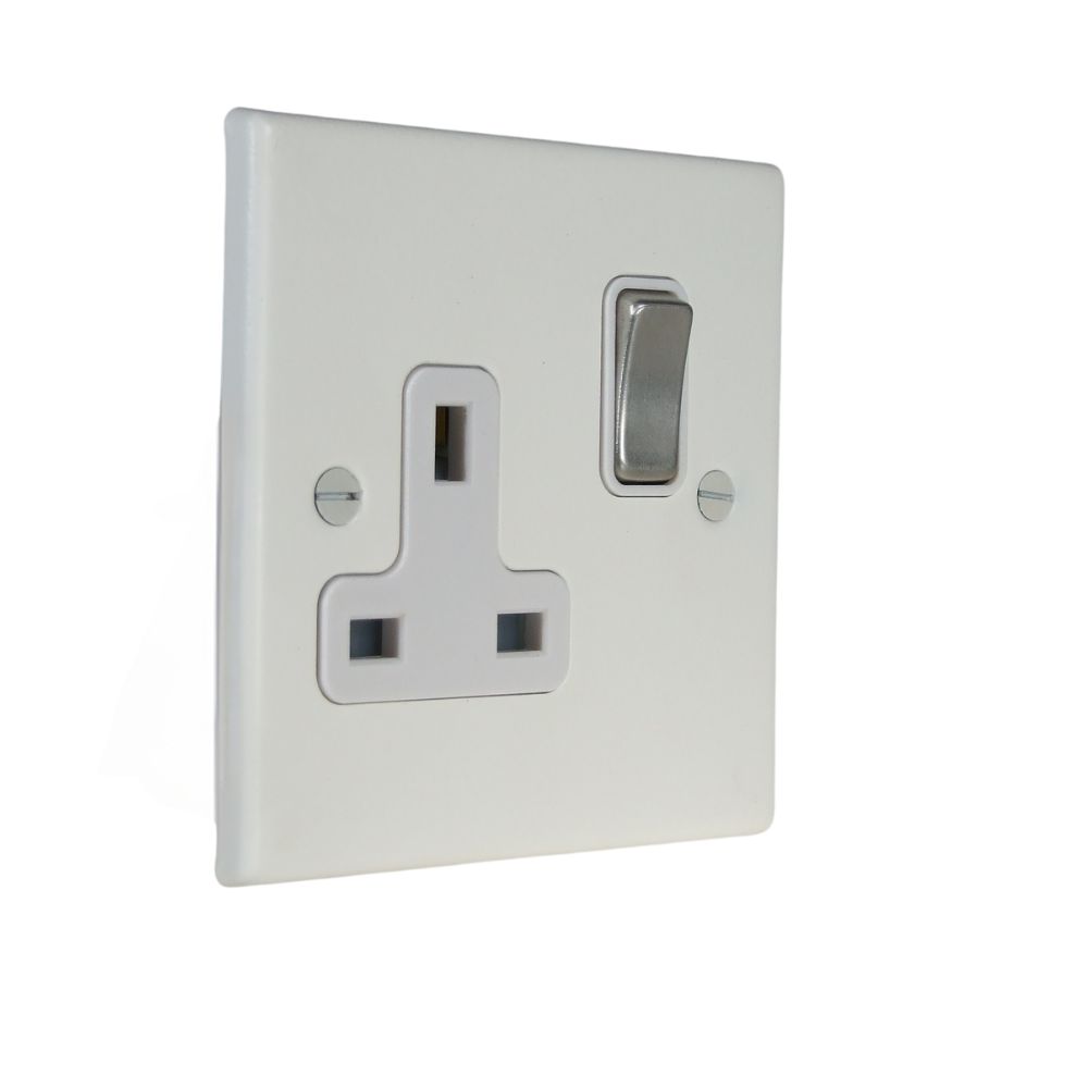 Matt White Raised Metal Plate Single Switched Socket Satin Stainless and White