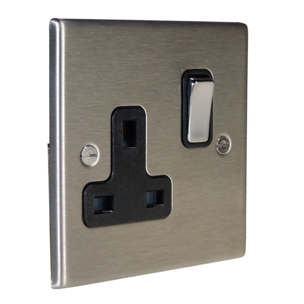 Satin Stainless Raised Metal Plate Single Switched Socket Satin Stainless and Black