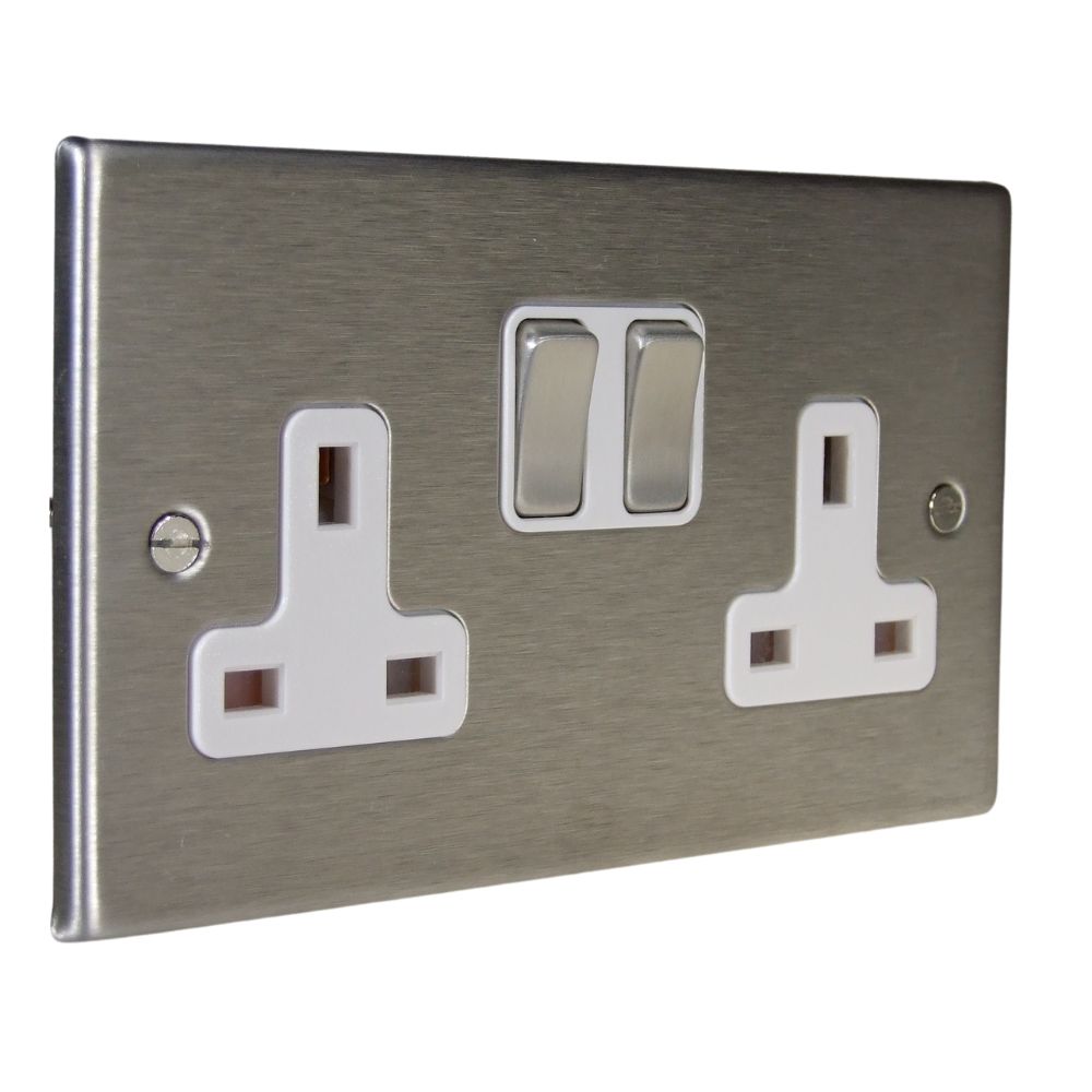 Satin Stainless Raised Metal Plate Double Switched Socket Satin Stainless and White