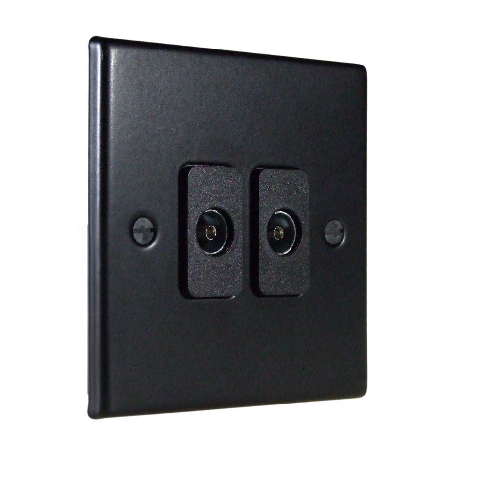 Matt Black Metal Raised Plate Double TV Co-axial non isolated Socket Black