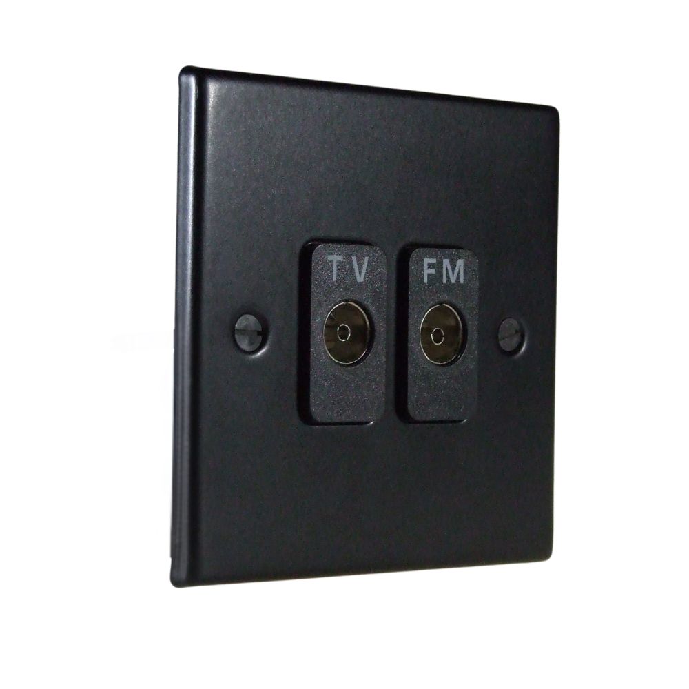 Matt Black Metal Raised Plate Double TV Co-Axial TV/FM Isolated Socket Black