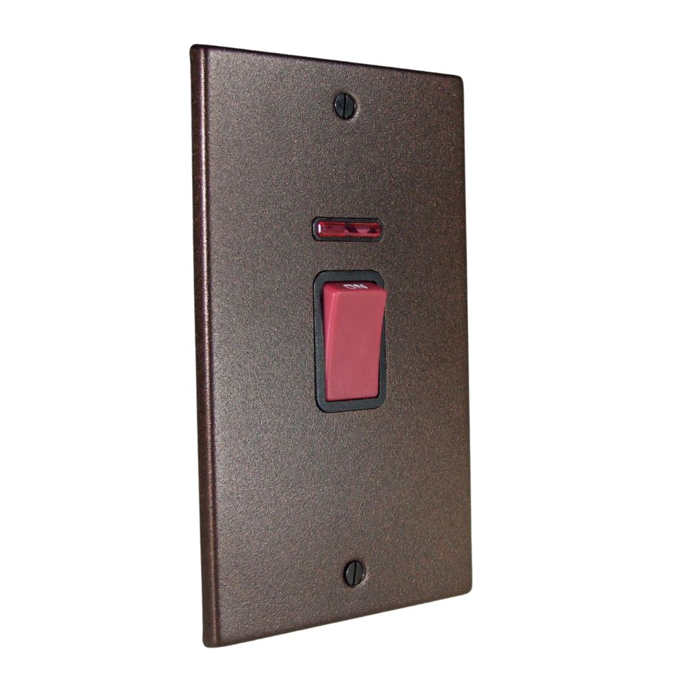 Copper Bronze Raised Metal Plate Double Pole Cooker Switch with Neon on a Vertical Twin Plate Black