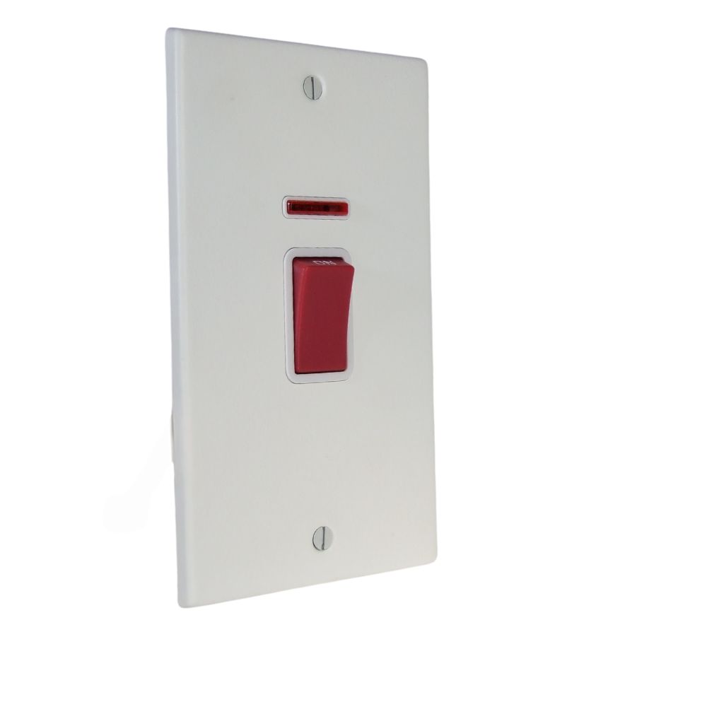 Matt White Raised Metal Plate Double Pole Cooker Switch with Neon on a Vertical Twin Plate White