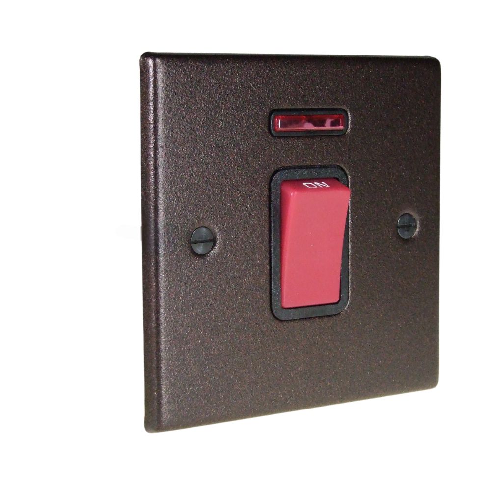 Copper Bronze Raised Metal Plate Double Pole Cooker Switch with Neon on a Single Plate Black
