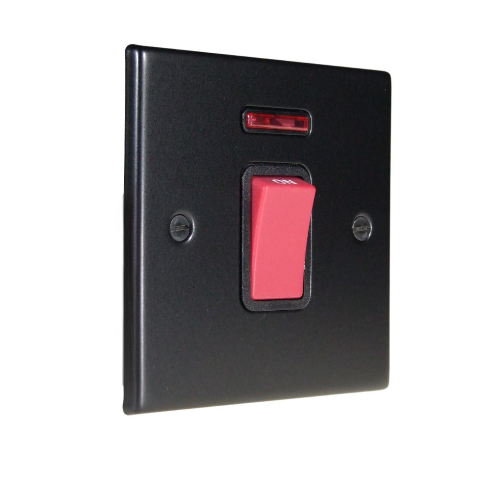 Matt Black Raised Metal Plate Double Pole Cooker Switch with Neon on a Single Plate Black
