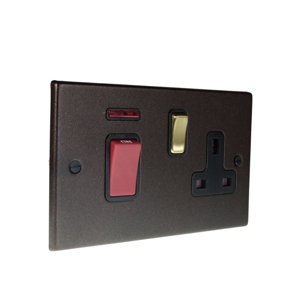 Copper Bronze Raised Metal Plate Double Pole Cooker Switch with Single Switched Socket Polished Brass and Black