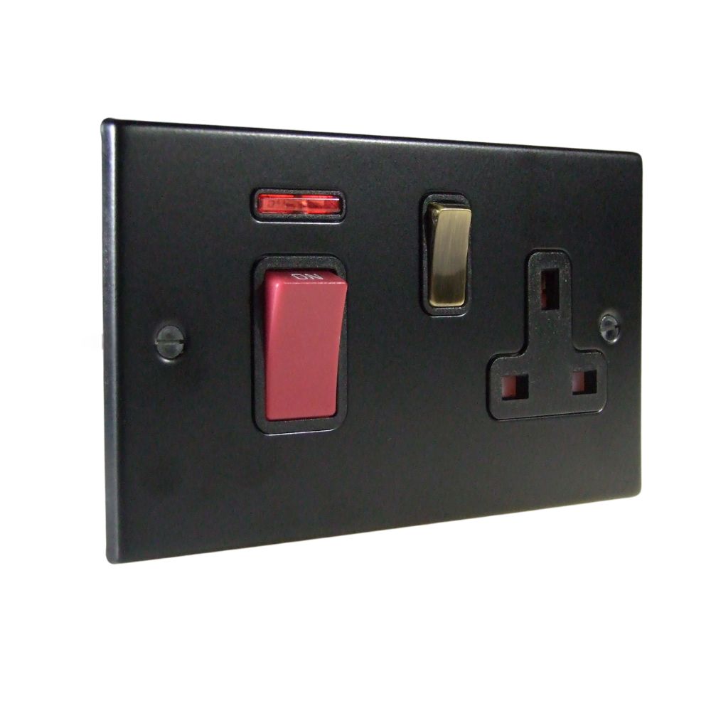 Matt Black Raised Metal Plate Double Pole Cooker Switch with Single Switched Socket Antique Brass and Black