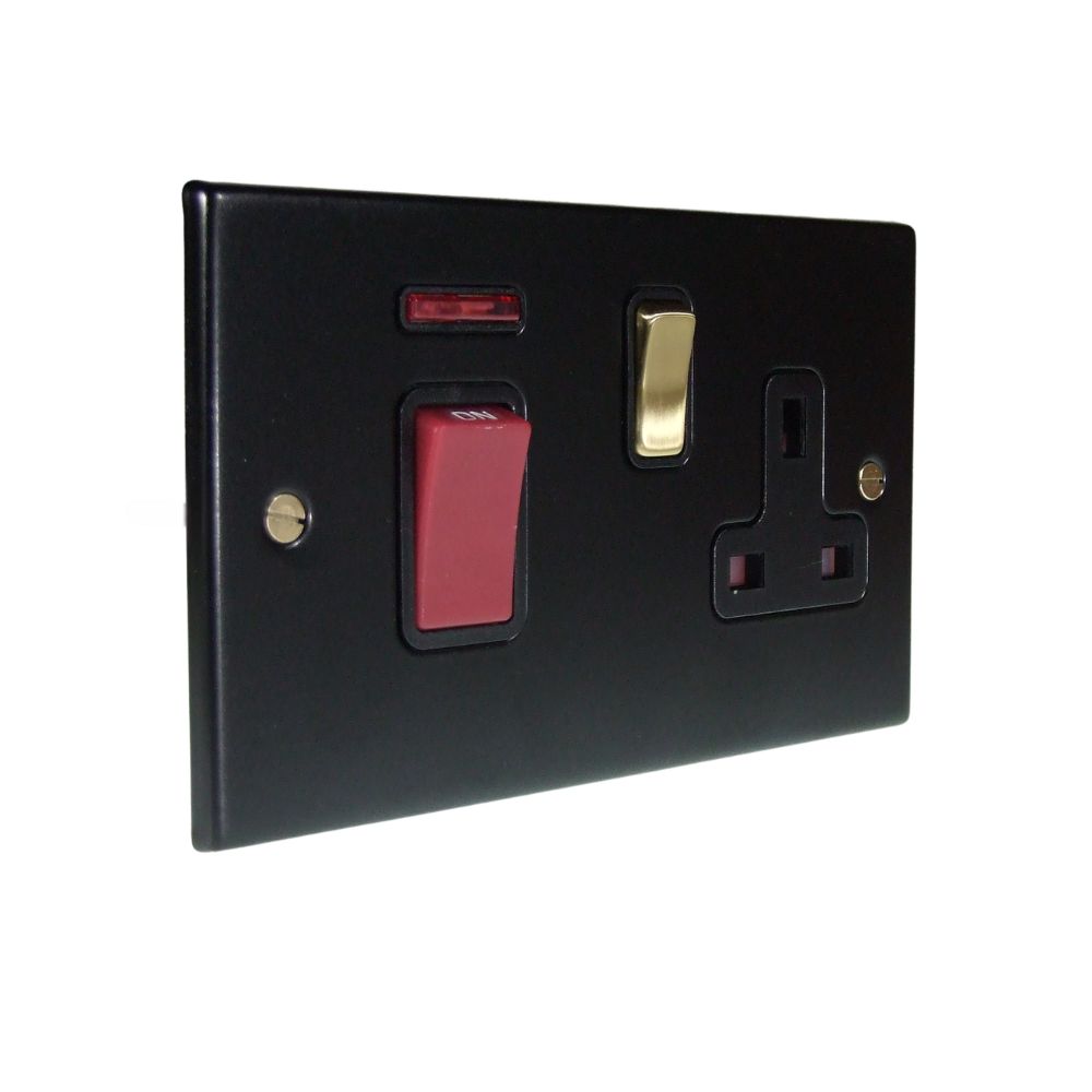 Matt Black Raised Metal Plate Double Pole Cooker Switch with Single Switched Socket Polished Brass and Black