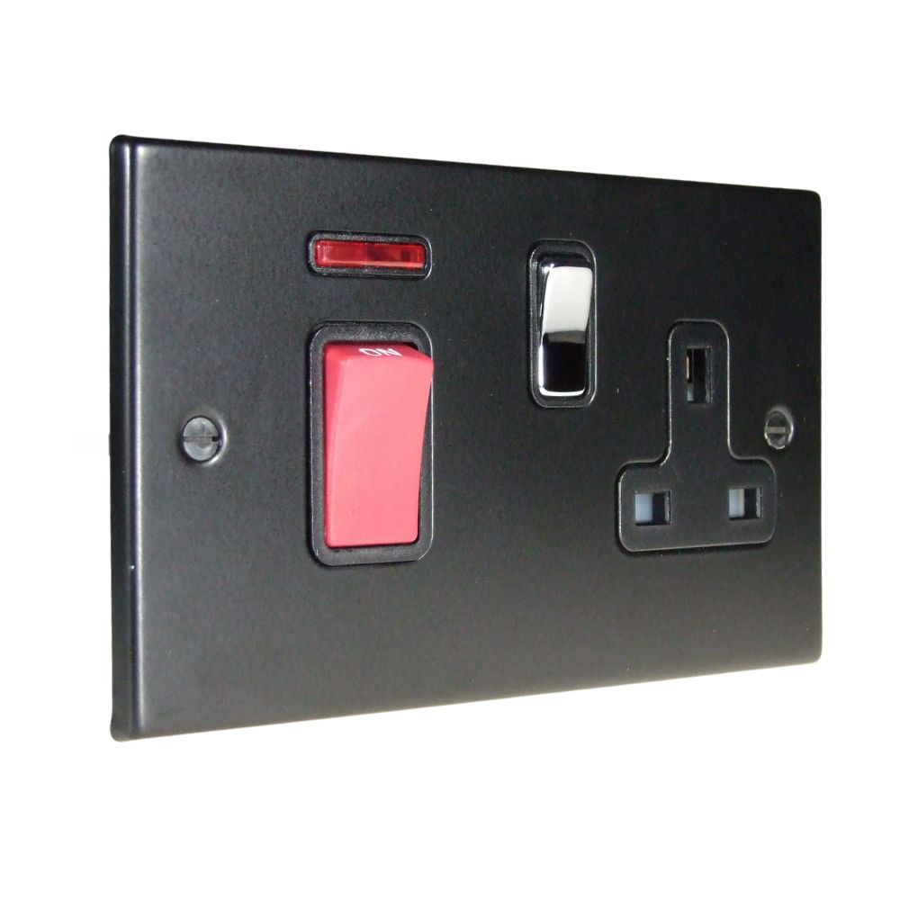 Matt Black Raised Metal Plate Double Pole Cooker Switch with Single Switched Socket Polished Chrome and Black