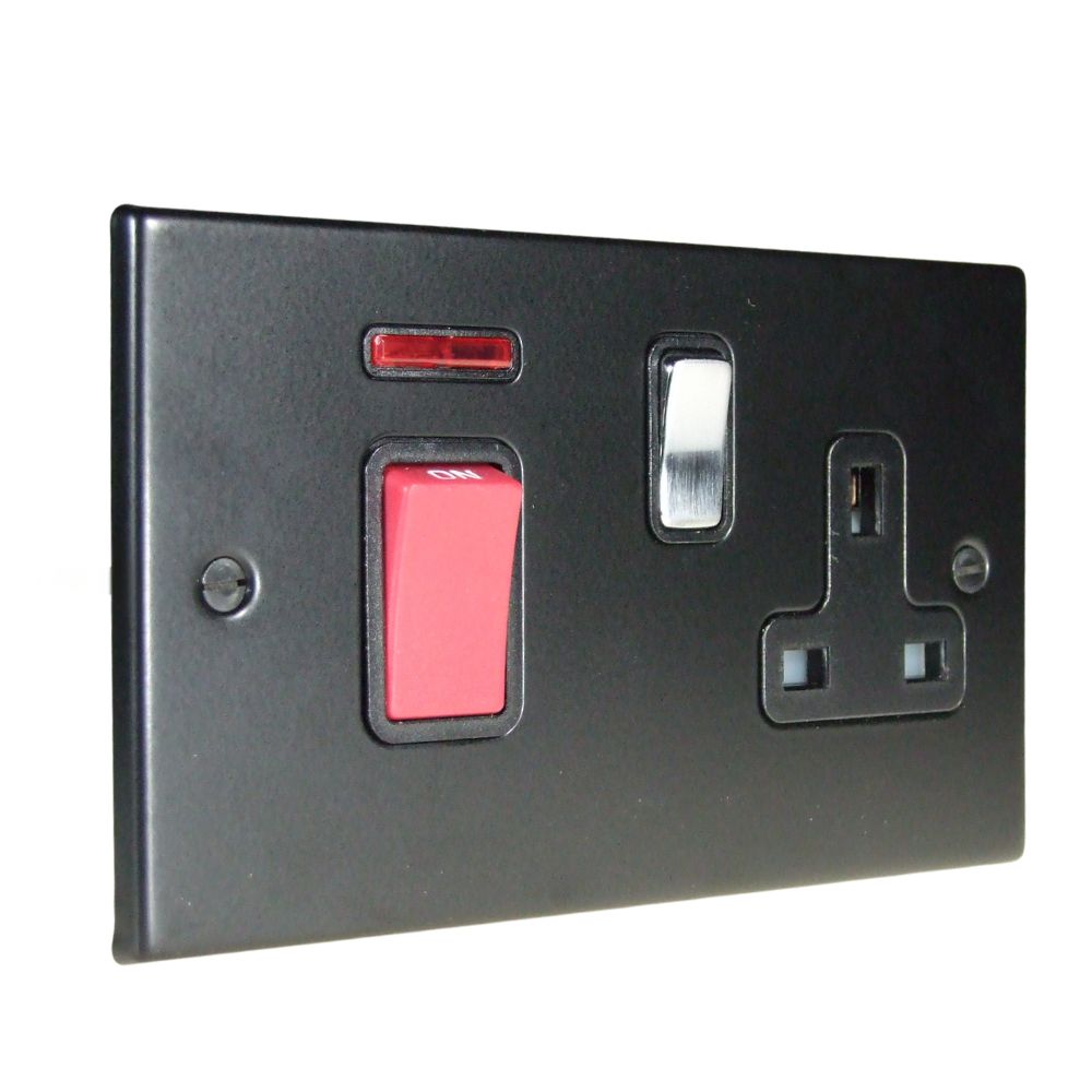 Matt Black Raised Metal Plate Double Pole Cooker Switch with Single Switched Socket Polished Chrome and Black