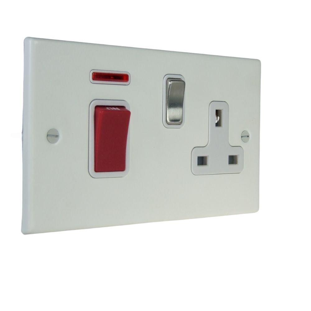 Matt White Raised Metal Plate Double Pole Cooker Switch with Single Switched Socket Satin Stainless and White