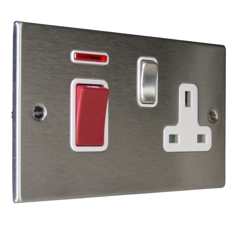 Satin Stainless Raised Metal Plate Double Pole Cooker Switch with Single Switched Socket Satin Stainless and White