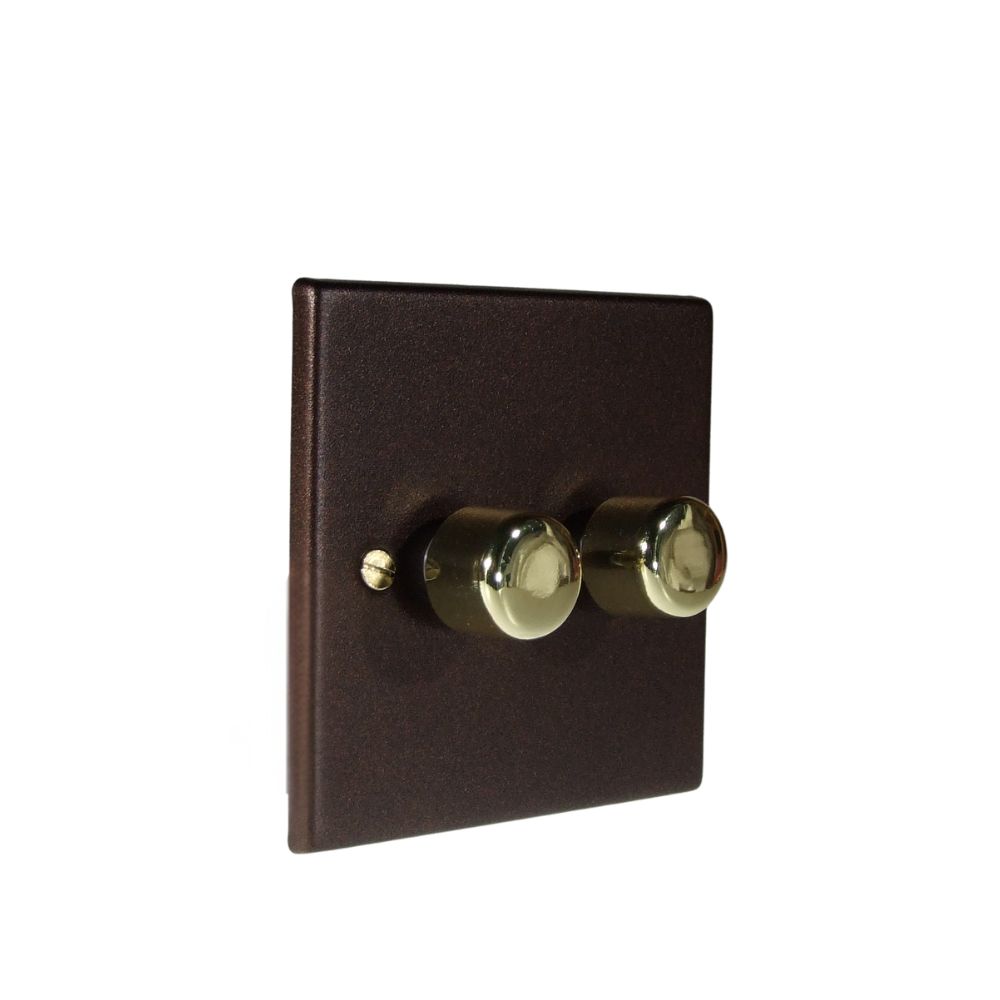 Copper Bronze Raised Metal Plate Double 250W Dimmer Light Switch Polished Brass Caps