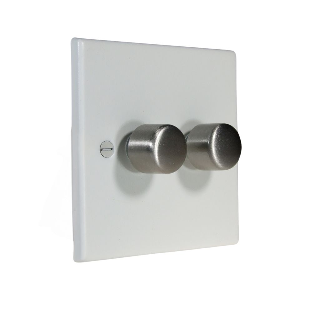Matt White Raised Metal Plate Double 250W Dimmer Light Switch Satin Stainless Caps