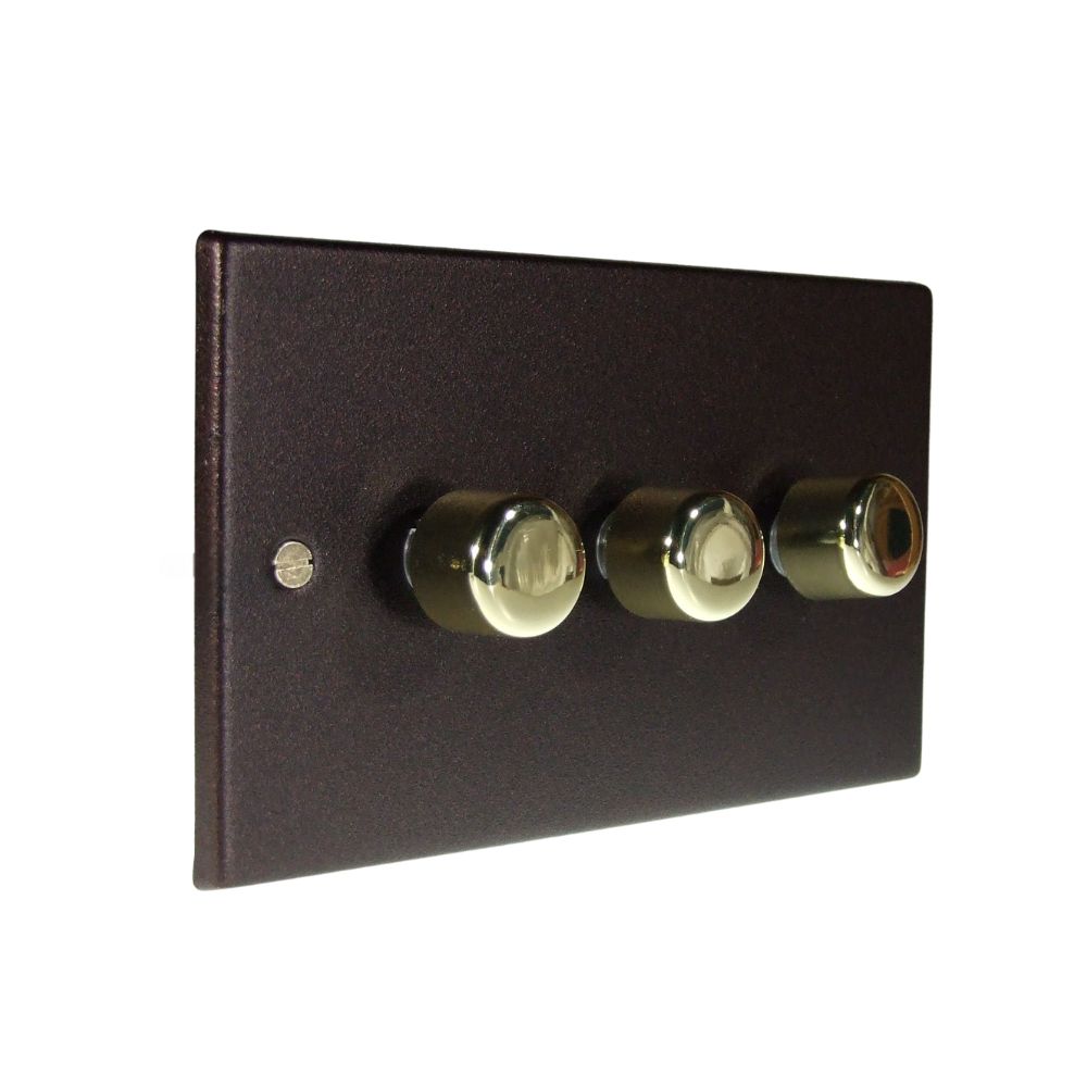 Copper Bronze Raised Metal Plate Triple 250W Dimmer Light Switch Polished Brass Caps